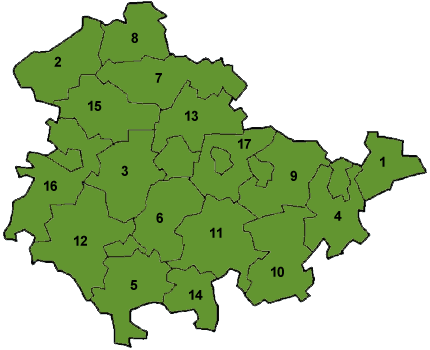 Map of Thüringen showing the boundaries of the districts