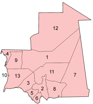 خريطة قابلة للضغط لموريتانيا توضح الولايات الموريتانية الإثنى عشر ومنطقة العاصمة.