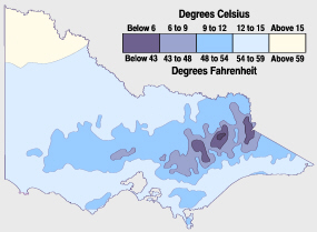 Average July temperatures: Victoria's hills and ranges are coolest during winter. Snow also falls there.