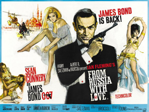 The upper center of the poster reads "Meet James Bond, secret agent 007. His new incredible women ... His new incredible enemies ... His new incredible adventures ..." To the right is Bond holding a gun, to the left a montage of women, fights and an explosion. On the bottom of the poster are the credits.
