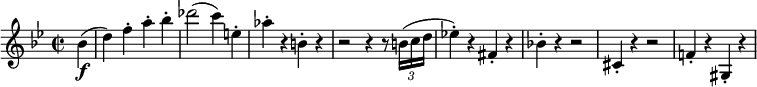 
\relative c'' {
 \key g \minor
 \time 2/2
 \set Staff.midiInstrument = #"violin"
 \set Score.tempoHideNote = ##t \tempo 2 = 120
 \partial 4 bes\f( |
 d4) f-. a-. bes-. |
 des2( c4) e,-. |
 as4-. r b,-. r |
 r2 r4 r8 \times 2/3 { b16( c d } |
 es!4-.) r fis,-. r |
 bes!4-. r r2 |
 cis,4-. r r2 |
 f!4-. r gis,-. r |
}
