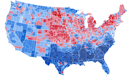 Results by county, shaded according to winning candidate's percentage of the vote