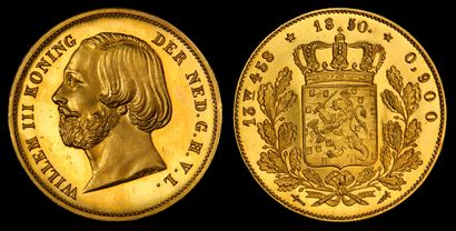 وليام الثالث من هولندا مصوراً على عملة ذهبية بقيمة 20 خلده (1850)
