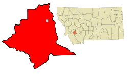 Map of Silver Bow County showing the city of Butte in red and Walkerville in grey