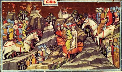 Chronicon Pictum, Hungary, white horse, arrival, castle, medieval, chronicle, book, illumination, illustration, history