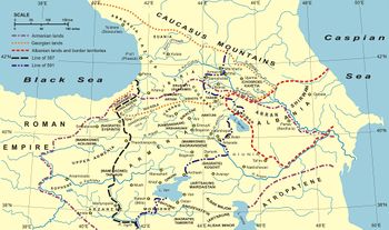 حدود ألبانيا القوقاز في 387—706 (الخط الأحمر المنقط)