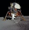 Aldrin unpacks experiments from the LM.