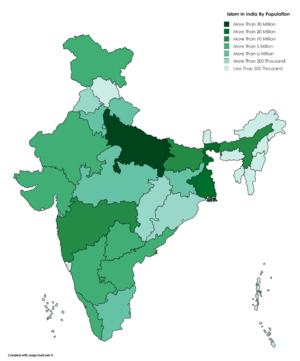 خريطة للهند توضح عدد المسلمين في كل ولاية وفقًا لتعداد الهند 2011.