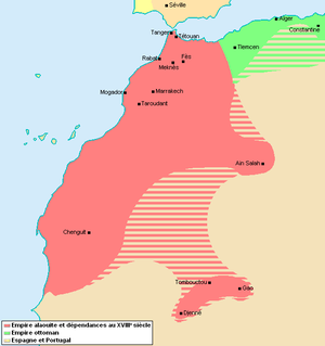 Carte du nord-ouest de l'Afrique délimitant une zone principale en rouge sur la côte atlantique, et une zone en vert, plus à l'Est, sur la frange méditerranéenne.