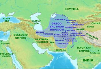 Approximate maximum extent of the Diodotid Empire circa 170 ق.م.، under the reign of Eucratides the Great, including the regions of Tapuria and Traxiane to the West, Sogdiana and Ferghana to the north, Bactria and Arachosia to the south.