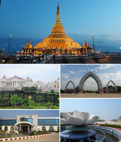 Clockwise from top: Uppatasanti Pagoda, Water Fountain Garden, Ministry Zone, Gems Museum, Union Parliament