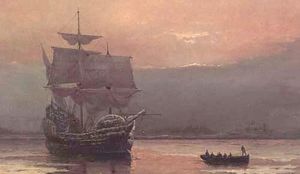A painting depicting a ship partly encrusted in snow and ice at anchor in a calm harbor. A small boat full of men is moving away from the ship. The sky is cloudy.