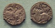 Coins of the Hindu Shahis, which later inspired Abbasid coins in the Middle East.[78]
