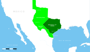 Map of the Republic of Texas in green. The claimed area is in light green, while populated territory is in dark green.