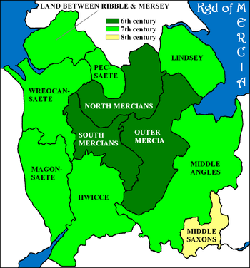 Expansion of the Kingdom of Mercia: dark green 6th century; green 7th century; yellow 8th century.