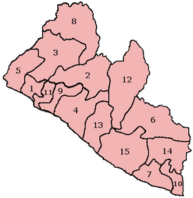 خريطة قابلة للنقر لليبيريا تبين محافظاتها الخمسة عشر.