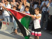 المتظاهرون خلال مسيرة في ليوبليانا احتجاجًا على حرب غزة 2014.