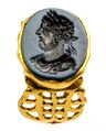 Gold Roman signet ring with portrait of emperor Commodus in niccolo agate, 180-200 CE, found in Tongeren, Gallo-Roman Museum (Tongeren)