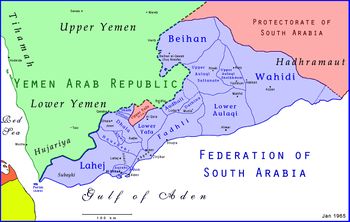 خريطة اتحاد إمارات الجنوب العربي‎، وتظهر لحج في أسفل اليسار.
