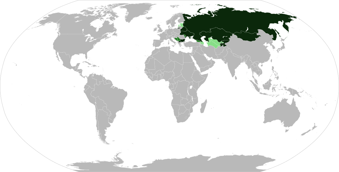alt=Countries with widespread use of the Cyrillic script:   Sole official script   Co-official with another script (either because the official language is biscriptal, or the state is bilingual)   Being replaced with Latin, but is still in official use   Legacy script for the official language, or large minority use   Cyrillic is not widely used