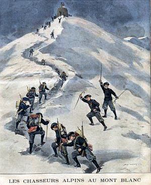 Magazine illustration of French soldiers reaching the summit of Mont Blanc in 1901
