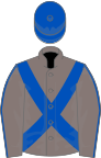 Confederate grey, royal blue cross sashes, blue seam on sleeves, blue cap
