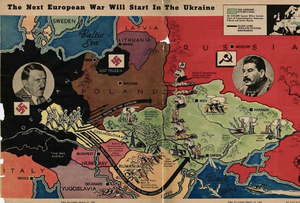 قصاصة لخريطة نشرتها مجلة لوك الأمريكية، بعنوان "الحرب الأوروبية القادمة ستبدأ في أوكرانيا" (نشرت في 14 مارس 1939)