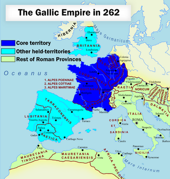 The Gallic Empire under Postumus by 262 (in blue), with the Roman Empire.