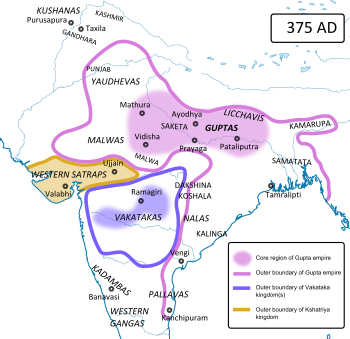 امبراطورية گوپتا في أقصى اتساعها (رمادي)، وتوابعها (أخضر).