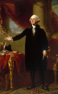 الرئيس جورج واشنطن يرتدي باروكة شعر مستعار بيضاء. ارتدى الرؤساء الخمسة الأوائل للولايات المتحدة بدلات داكنة مع باروكات للمناسبات الرسمية.