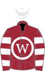 Maroon, white circle, white hoops on sleeves, white cap