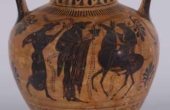 A tan terracotta background on a Greek amphora with the figures of Hercules and Apollo. (about 720 BC).