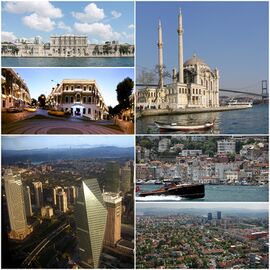 Clockwise, from top: Ortaköy Mosque, Arnavutköy, Levent and Etiler, view of Büyükdere Avenue, Akaretler Row Houses, Dolmabahçe Palace
