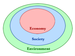 Three circles enclosed within one-another showing how both economy and society are constrained by environmental limits