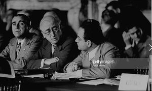 US delegates James C. Dunn (L), James F. Byrnes (2L) and Benjamin V. Cohen (fore, R) attending a meeting of the Procedures Committee during the Paris Peace Conference 1946-08-01.jpg