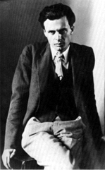 Blurry monochrome head-and-shoulders portrait of Aldous Huxley, facing viewer's right, chin a couple of inches above hand