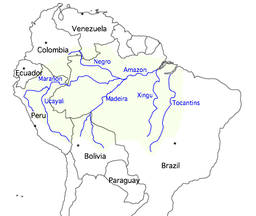 The Amazon flows from Peru east through Brazil to the Atlantic. It drains the northwest two-thirds of Brazil, the eastern three-fourths of Peru, the northern third of Bolivia, and a bit of Colombia. Its main tributaries are the Negro in the north, the Madeira, Xingu, and Tocantins in the south, and the Marañón and Ucayali in Peru.