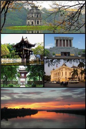 Clockwise from top: Turtle Tower in Hoan Kiem Lake, in central Hanoi; Ho Chi Minh Mausoleum; مبنى اوپرا هانوي; sunset over the النهر الأحمر من Long Bien Bridge; Temple of Literature; One Pillar Pagoda