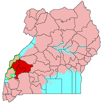 موقع مملكة روِنزورورو في أوغندا (أخضر) ومملكة تورو الحالية (أحمر).