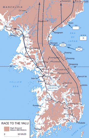 A map showing the Peninsula with US forces moving from the south to the north