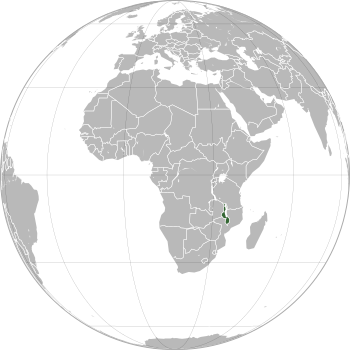 موقع ملاوي (باللون الأخضر) في جنوب شرق أفريقيا