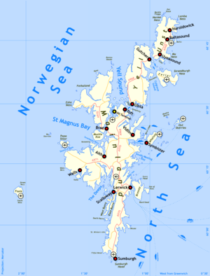 A map of Shetland. The main islands lie on a north south axis, with the Norwegian Sea to the north and west and the North Sea to the south and east.