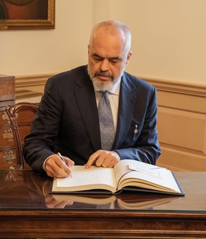 Albanian Prime Minister Edi Rama signs the guest book, at the Department of State in Washington, D.C. (February 5, 2020 - cropped).jpg