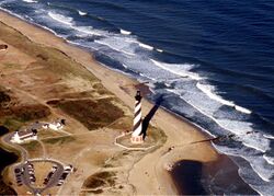 An aerial view of the Cape Hatteras Lighthouse prior to its 1999 relocation