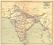 The trunk lines (shown in red on a 1908 railway map of India) proposed by the Governor-General of India, Lord Dalhousie in his Railway minute of 1853.