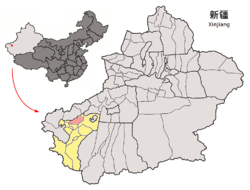 موقع ناحية فيض آباد / جياشي (أحمر) ومحافظة قشغر (أصفر) في شين‌جيانگ