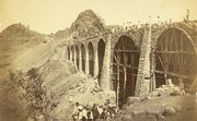 Photograph (1855) showing the construction of the Bhor Ghat incline bridge, Bombay; the incline was conceived by George Clark, the Chief Engineer in the East India Company's Government of Bombay.