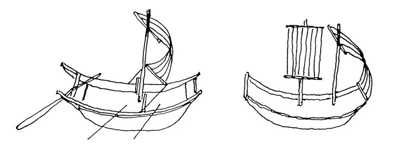 Tracing of two ships from Dunhuang cave temple, ca. 8th–9th century CE. The ships showed square sails.