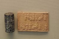 Cylinder seal with impression; banquet scene, Ur, c. 2600 BC