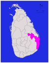 Area map of Ampara District, located along the east by south and south east coast and projecting into the interior of the country at the northern border, in the Eastern Province of Sri Lanka